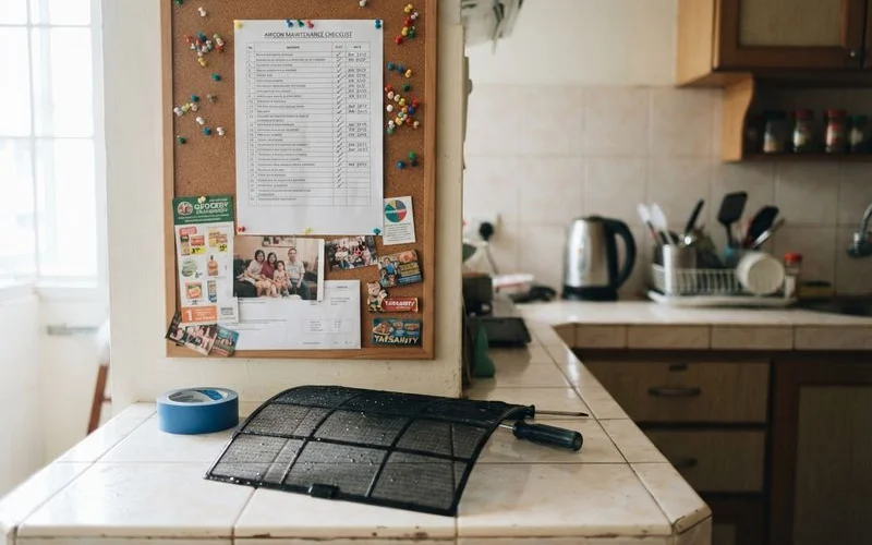 A checklist notepad next to a clean aircon filter and remote control, representing simple cost-saving maintenance habits at home