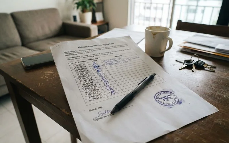 A household aircon maintenance contract document with a calendar showing scheduled service visits marked throughout the year