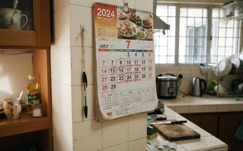 A wall-mounted calendar in a Singapore home marked with scheduled aircon servicing dates spread across the year