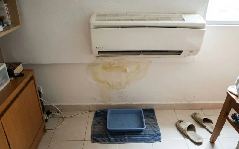 Water stains on a ceiling below an air conditioning unit, showing signs of a slow condensate leak in a Singapore home