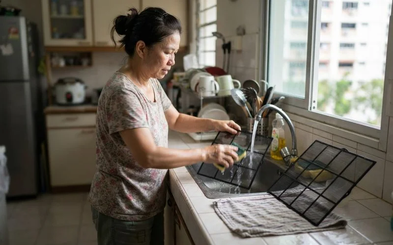 A homeowner cleaning the removable filter of an indoor wall-mounted air conditioning unit by hand