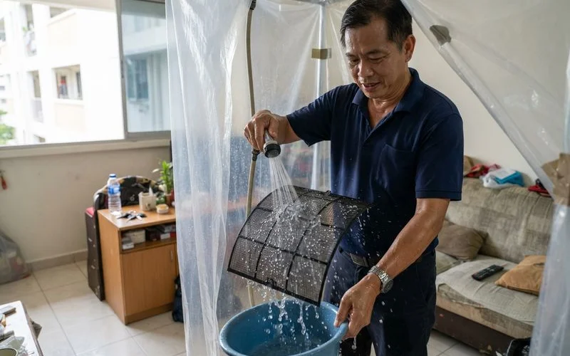 A technician cleaning the filter of an indoor air conditioning unit in a Singapore living room during a routine service appointment