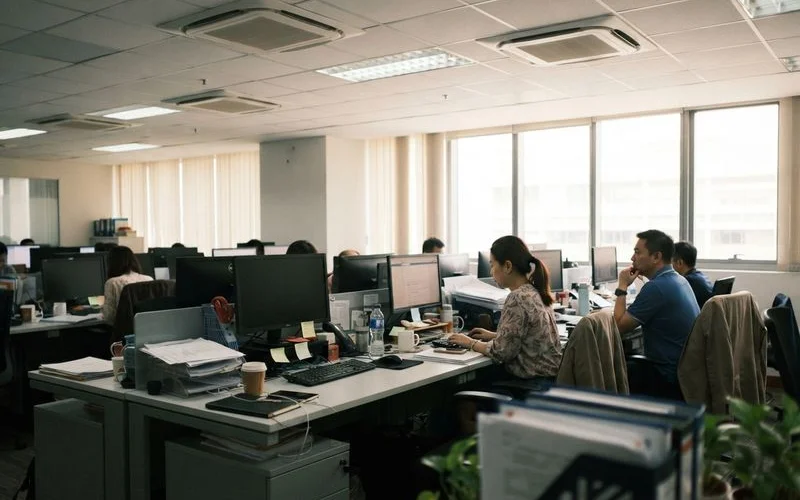 A commercial office space in Singapore with ceiling-mounted cassette air conditioning units providing zoned cooling across the floor
