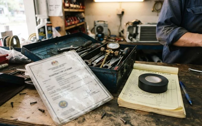 A technician's identification card and licensing documentation displayed next to aircon tools before starting work in a Singapore home