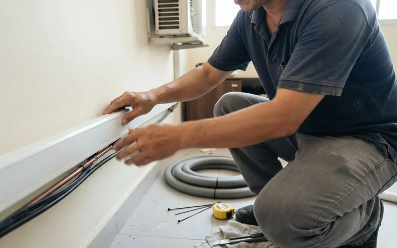 A technician installing copper piping and trunking for a split-unit air conditioner along an interior wall in a Singapore apartment