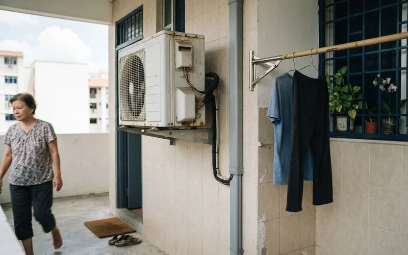 An outdoor condenser unit for a split-system air conditioner mounted on an exterior wall bracket outside a Singapore home