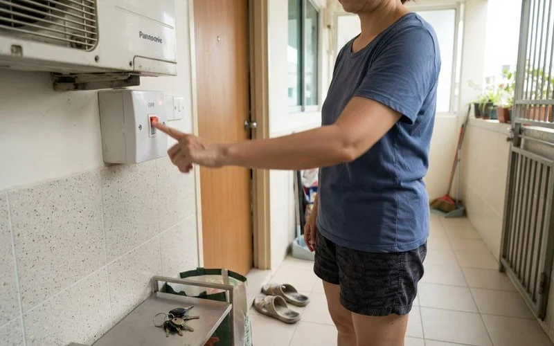 A homeowner switching off the isolator switch near an air conditioning unit before a technician arrives