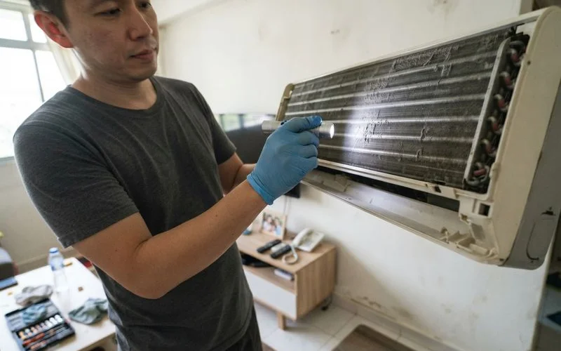 A technician in a Tampines home checking the indoor coil of a wall-mounted split unit air conditioner during a routine service visit
