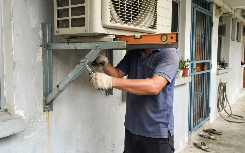 A technician wearing safety gloves and using proper tools to secure an outdoor air conditioning unit bracket on an exterior wall