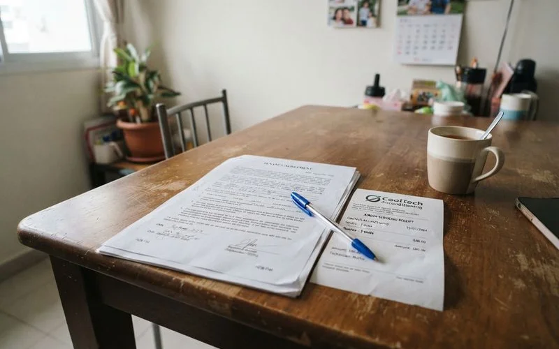 A tenancy agreement document on a table next to a printed aircon servicing receipt in a Singapore apartment